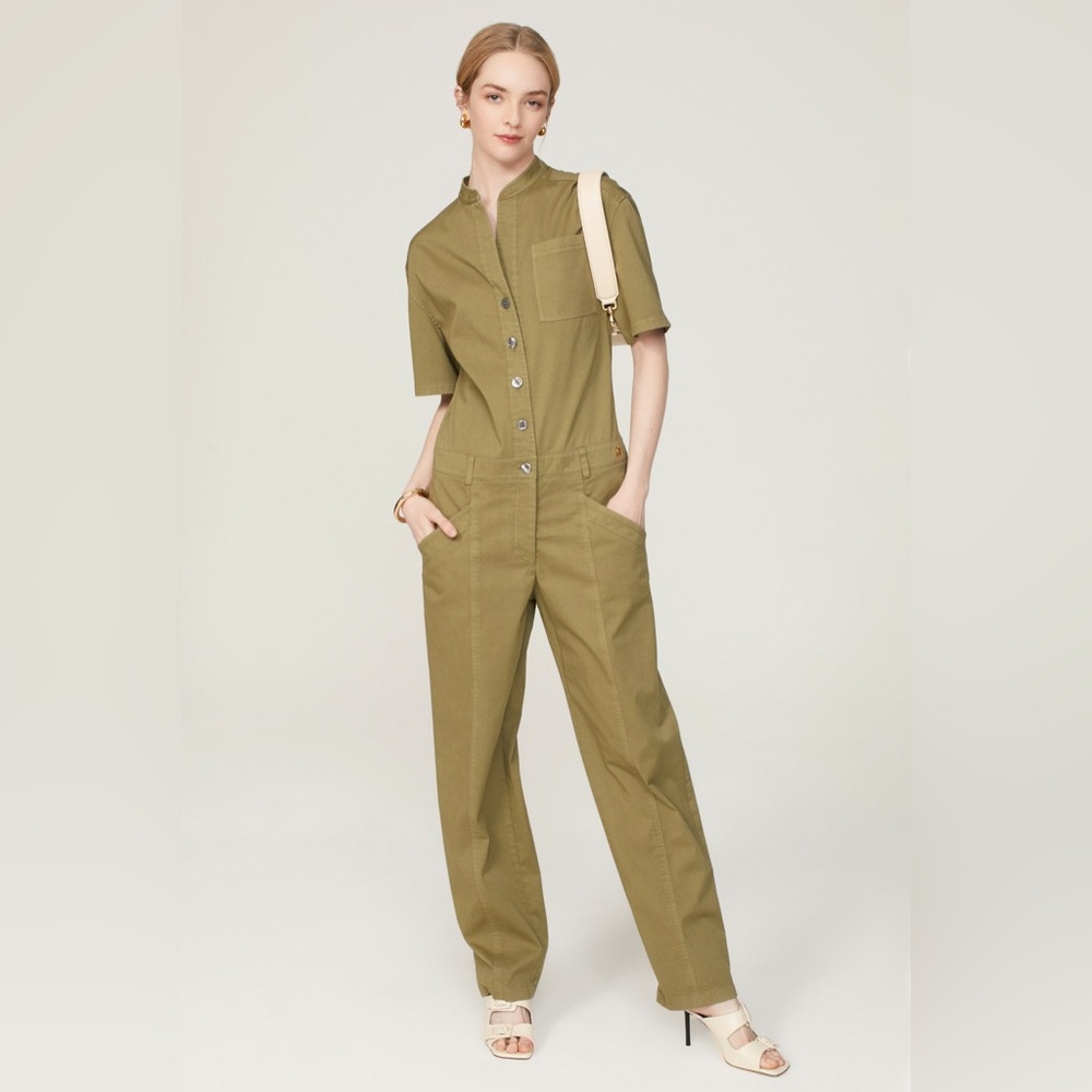 CÂLLAS Kenna Button Down Green‎ Utility Stretch Collar Short Slv Jumpsuit 40